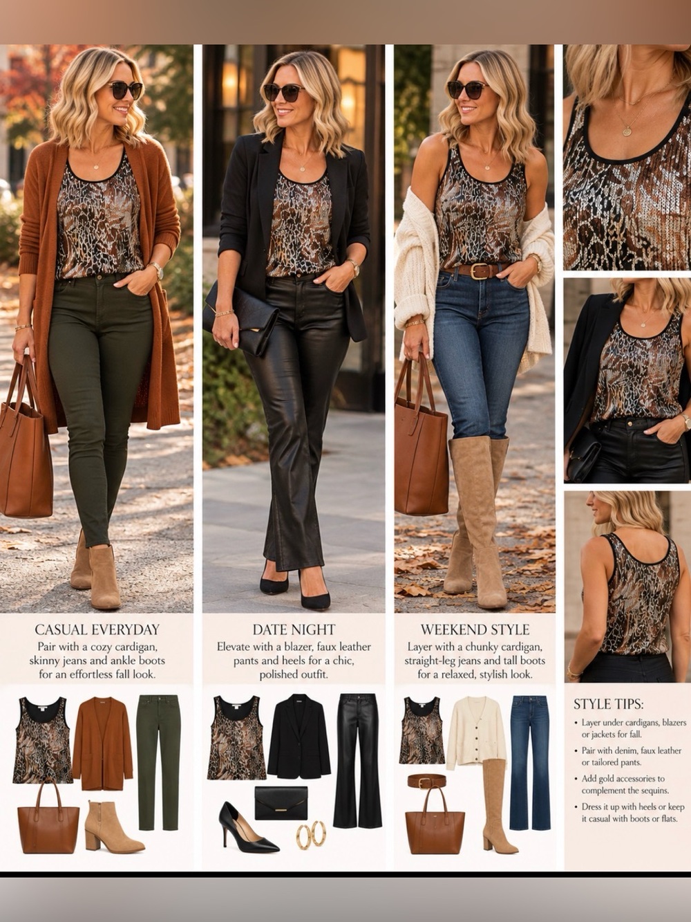 Peter Nygard Black and Brown Sequin Animal Print Tank